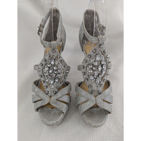 GIANNI BINI! SILVER TEXTURED LAME PLATFORM STILETTO SANDALS, HEELS! SZ 8M - Picture 2 of 7